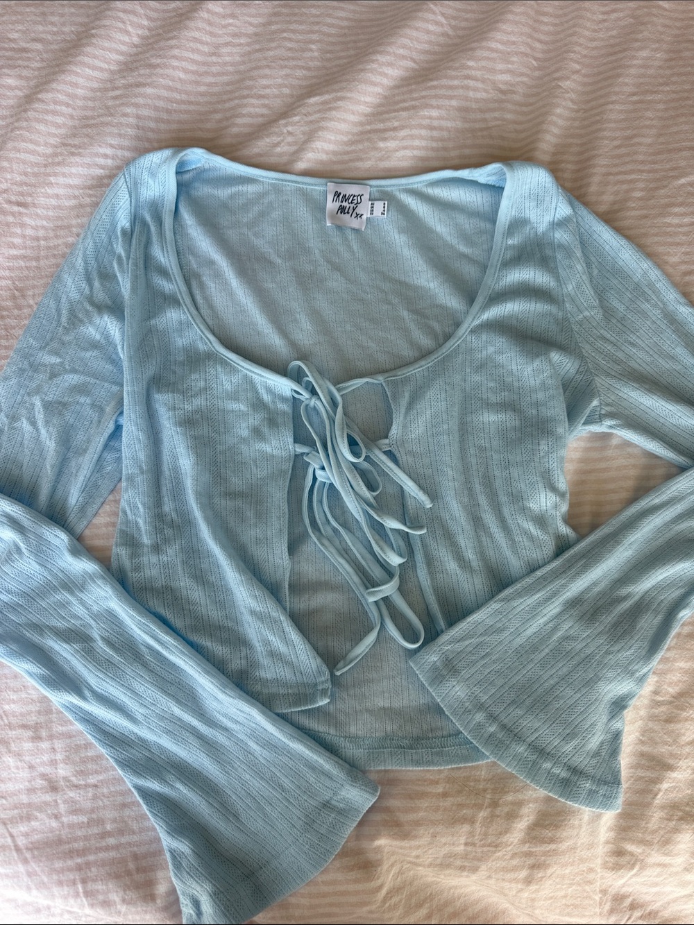 Princess Polly Pale Blue Ribbed Tie-Front Top